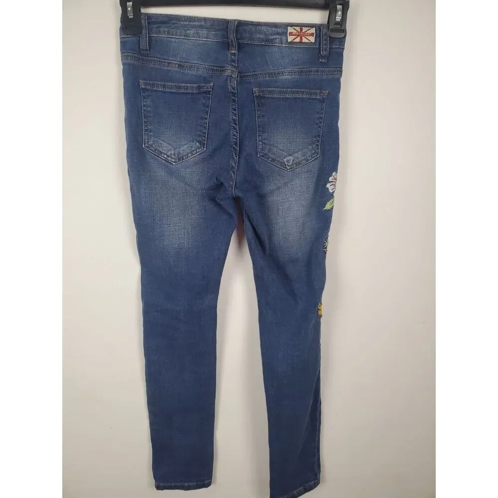 Machine Jeans Womens Juniors 1 Floral Embroidered Skinny Leg Distressed Mid Rise